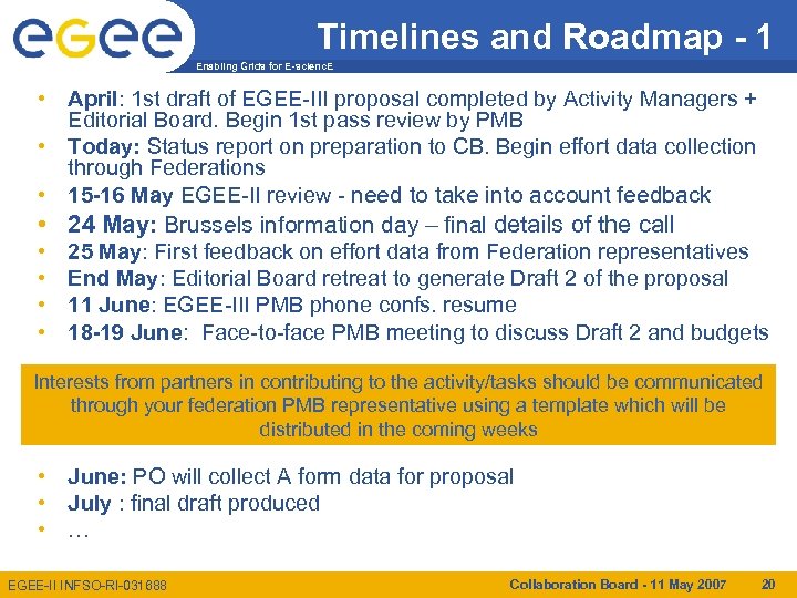 Timelines and Roadmap - 1 Enabling Grids for E-scienc. E • April: 1 st