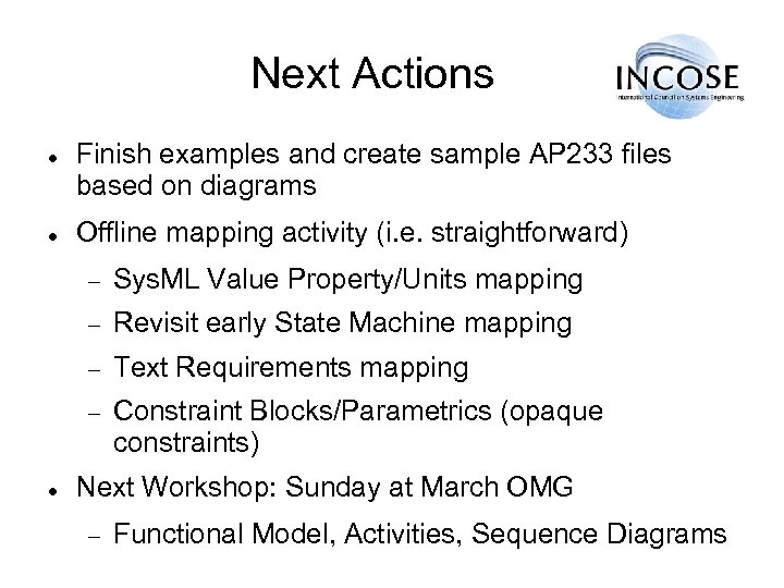 Next Actions Finish examples and create sample AP 233 files based on diagrams Offline