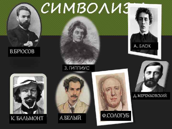 СИМВОЛИЗМ А. БЛОК В. БРЮСОВ З. ГИППИУС Д. МЕРЕЖКОВСКИЙ К. БАЛЬМОНТ А. БЕЛЫЙ Ф.