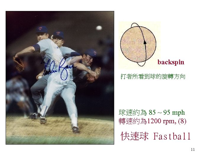 backspin 打者所看到球的旋轉方向 球速約為 85 ~ 95 mph 轉速約為 1200 rpm, (8) 快速球 Fastball 11