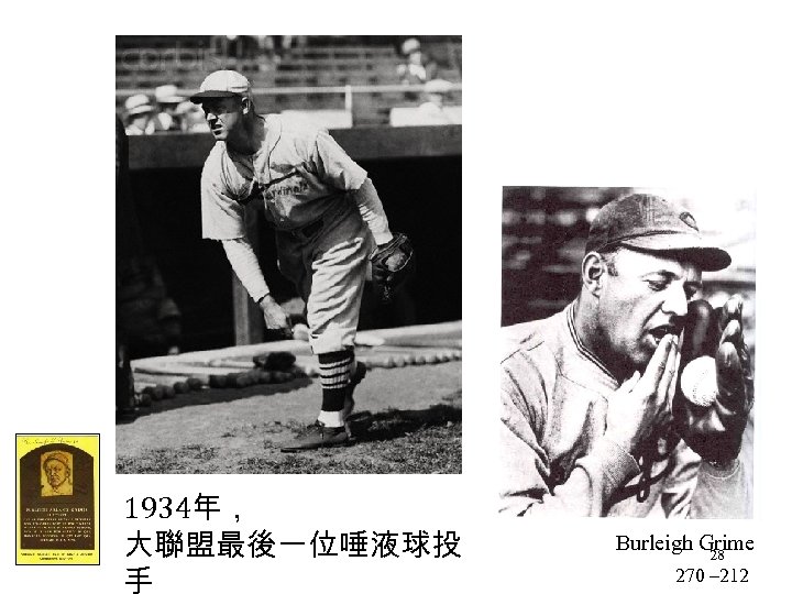 1934年， 大聯盟最後一位唾液球投 手 Burleigh Grime 28 270 – 212 