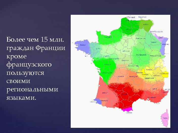 Более чем 15 млн. граждан Франции кроме французского пользуются своими региональными языками. 