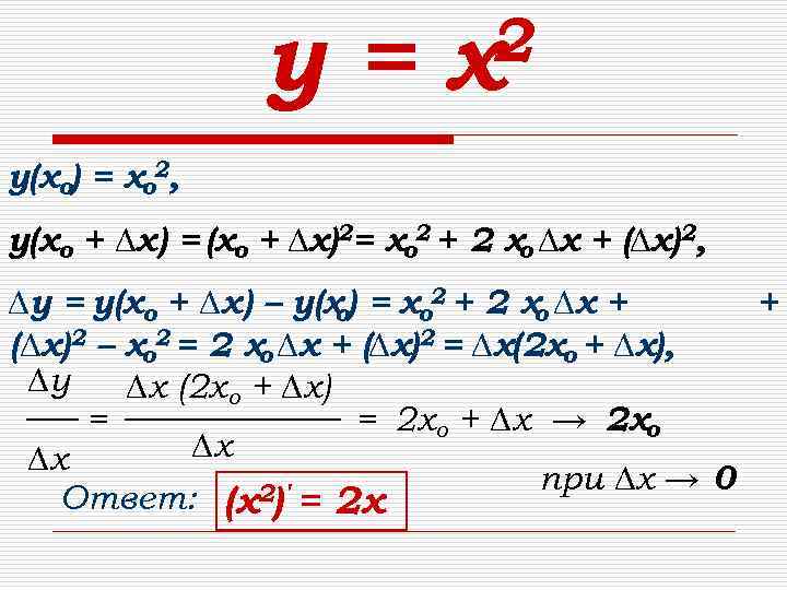 у= 2 х у(хо) = хо 2, у(хо + ∆х) = (хо + ∆х)2=