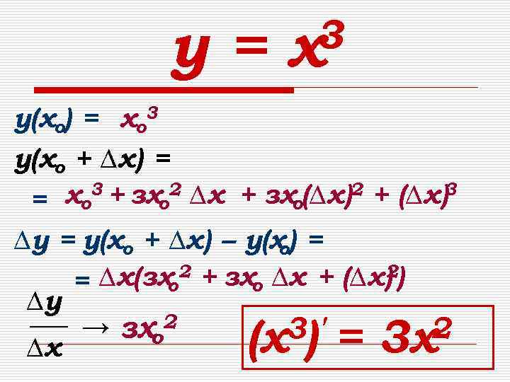 у= 3 х у(хо) = хо 3 у(хо + ∆х) = хо 3 +