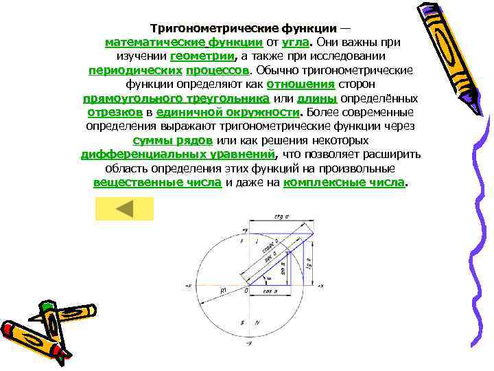 Тригонометрические функции — математические функции от угла. Они важны при изучении геометрии, а также