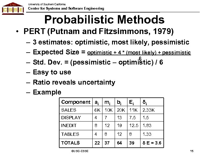 University of Southern California Center for Systems and Software Engineering Probabilistic Methods • PERT