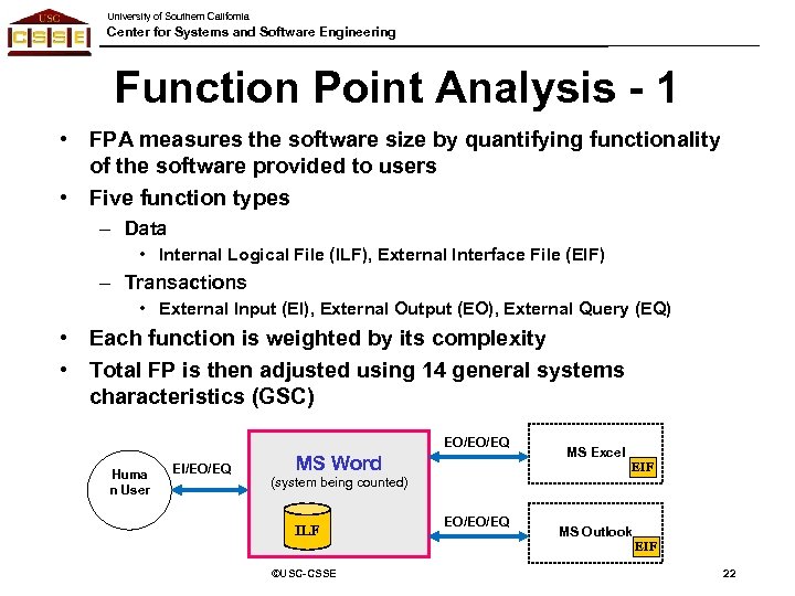 University of Southern California Center for Systems and Software Engineering Function Point Analysis -