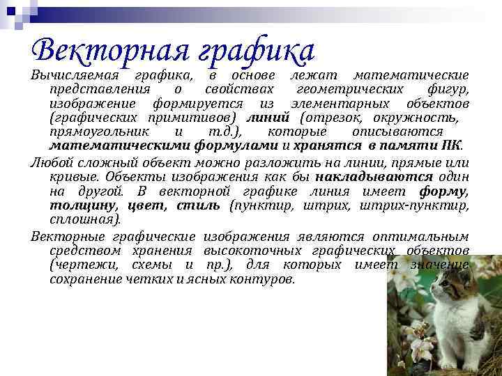 Векторная графика Вычисляемая графика, в основе лежат математические представления о свойствах геометрических фигур, изображение