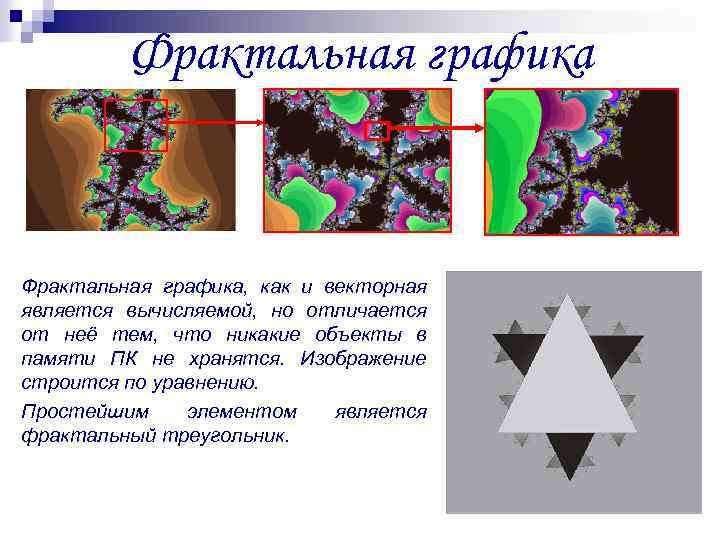 Фрактальная графика, как и векторная является вычисляемой, но отличается от неё тем, что никакие
