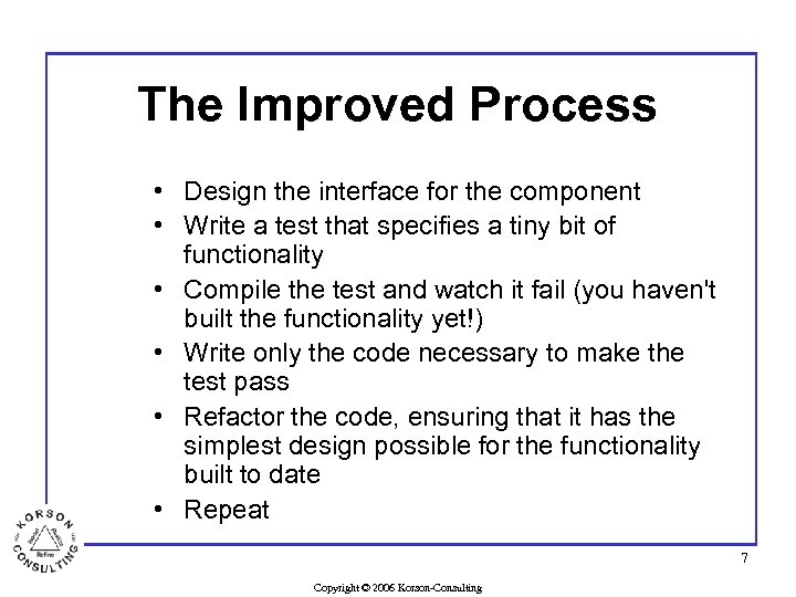 The Improved Process • Design the interface for the component • Write a test
