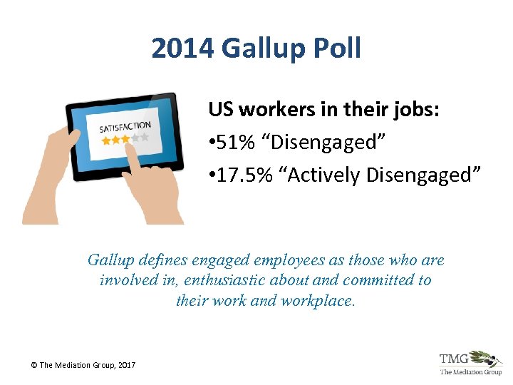 2014 Gallup Poll US workers in their jobs: • 51% “Disengaged” • 17. 5%