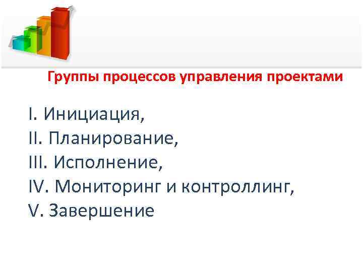 Группы процессов управления проектами I. Инициация, II. Планирование, III. Исполнение, IV. Мониторинг и контроллинг,