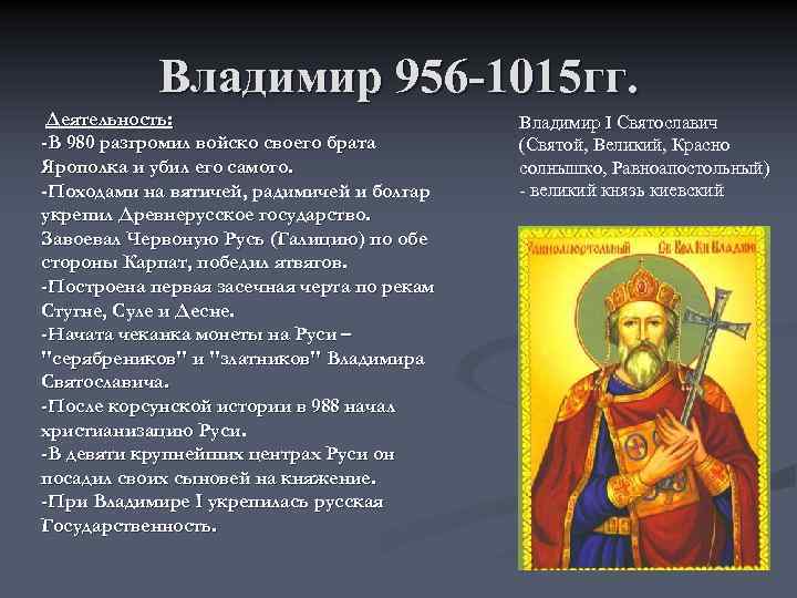 Владимир 956 1015 гг. Деятельность: -В 980 разгромил войско своего брата Ярополка и убил