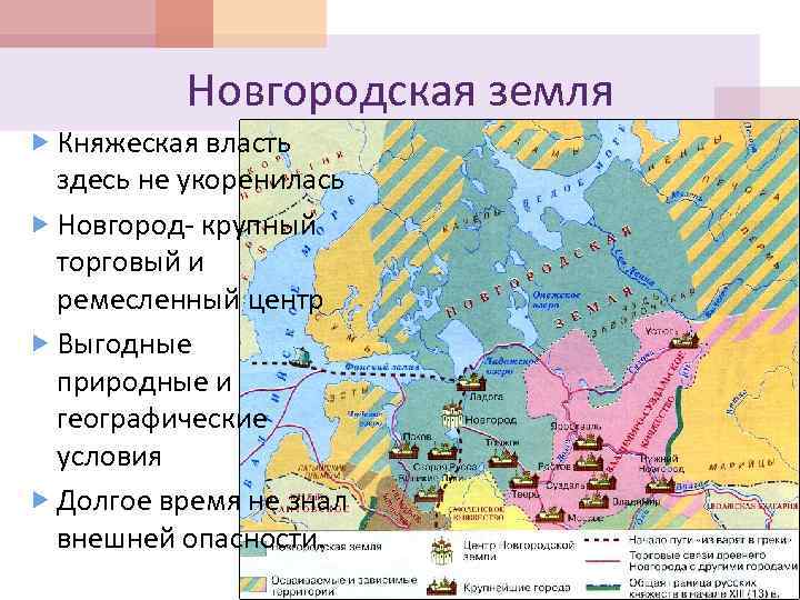 Новгородская земля Княжеская власть здесь не укоренилась Новгород- крупный торговый и ремесленный центр Выгодные