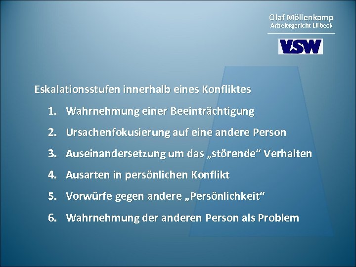 Olaf Möllenkamp Arbeitsgericht Lübeck Eskalationsstufen innerhalb eines Konfliktes 1. Wahrnehmung einer Beeinträchtigung 2. Ursachenfokusierung