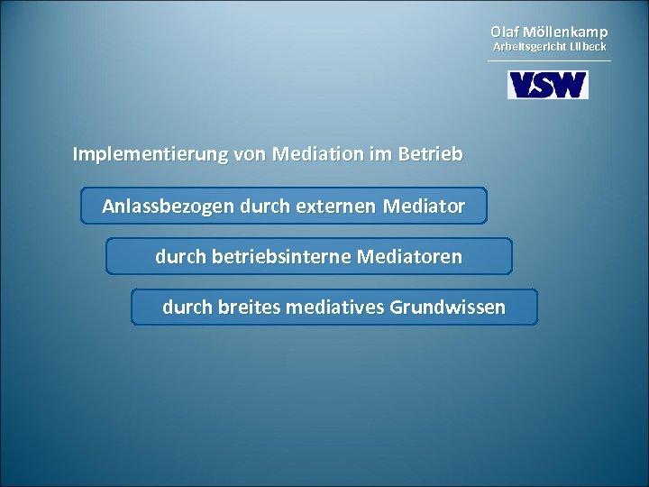 Olaf Möllenkamp Arbeitsgericht Lübeck Implementierung von Mediation im Betrieb Anlassbezogen durch externen Mediator durch