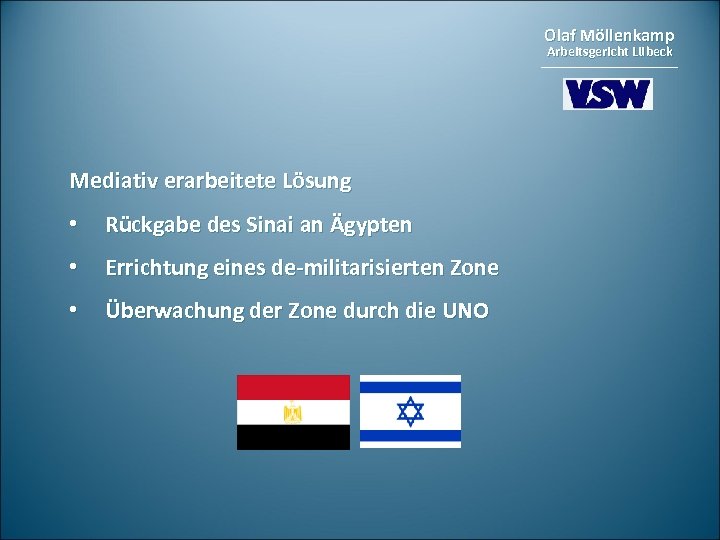 Olaf Möllenkamp Arbeitsgericht Lübeck Mediativ erarbeitete Lösung • Rückgabe des Sinai an Ägypten •