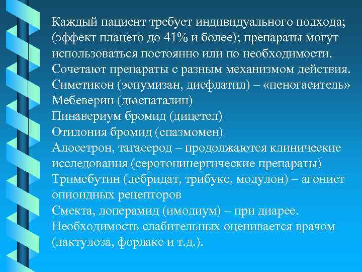 Каждый пациент требует индивидуального подхода; (эффект плацето до 41% и более); препараты могут использоваться