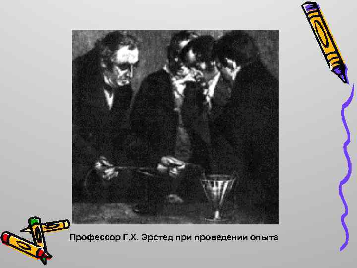 Профессор Г. Х. Эрстед при проведении опыта 