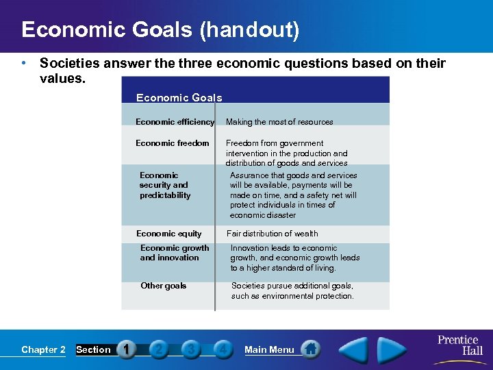 Economic Goals (handout) • Societies answer the three economic questions based on their values.