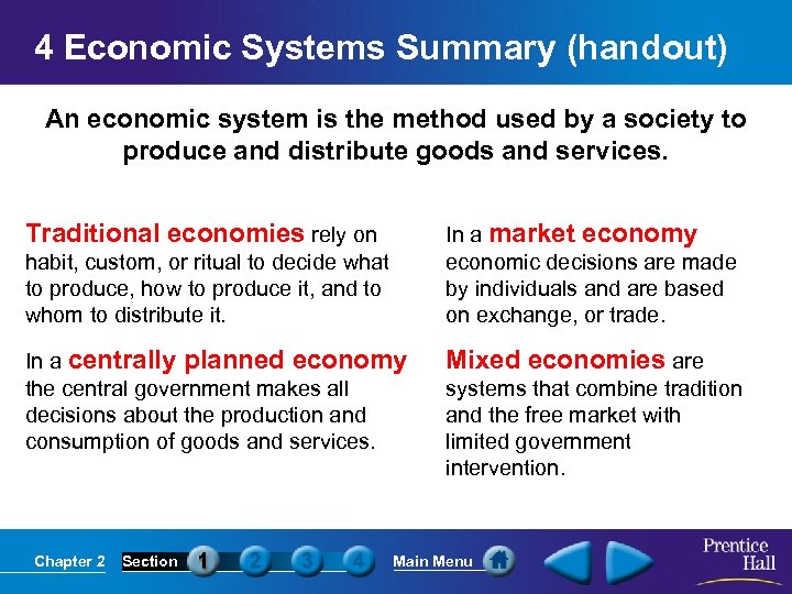 4 Economic Systems Summary (handout) An economic system is the method used by a