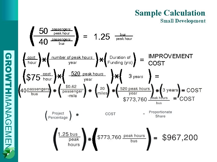 Sample Calculation Small Development 50 40 GROWTHMANAGEMENT cost. hour $75 passengers_ peak hour passengers_