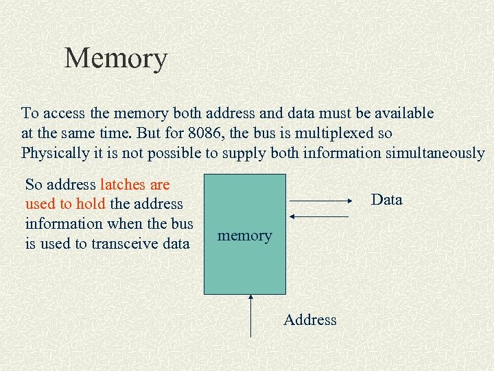 Memory To access the memory both address and data must be available at the