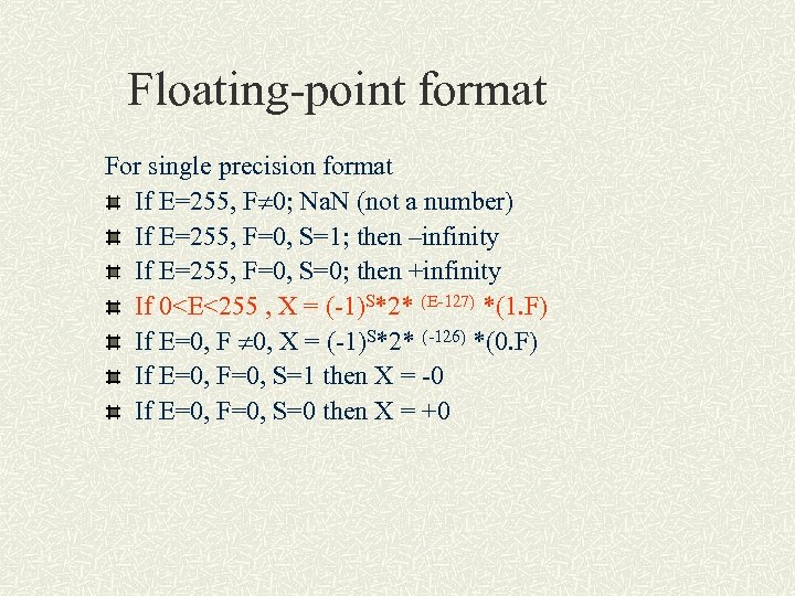 Floating-point format For single precision format If E=255, F 0; Na. N (not a