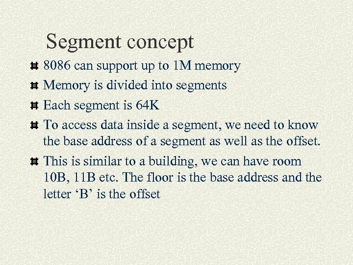 Segment concept 8086 can support up to 1 M memory Memory is divided into