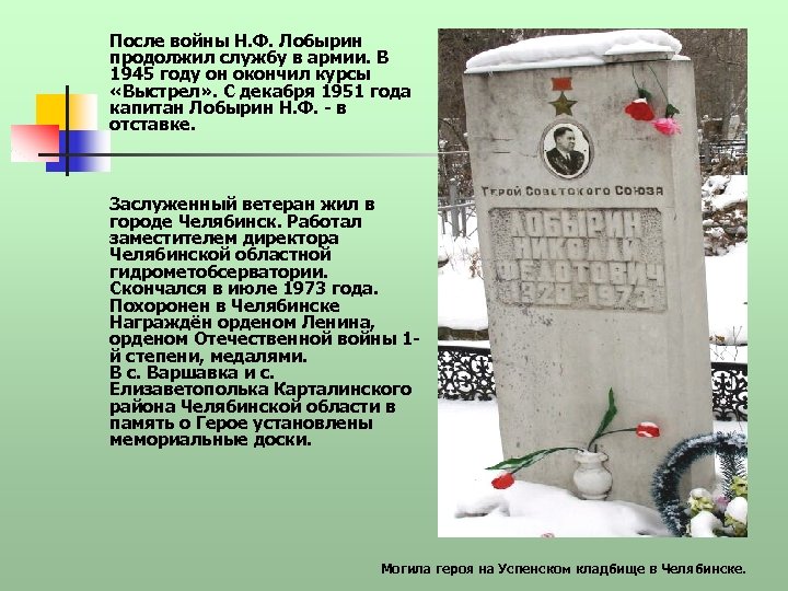После войны Н. Ф. Лобырин продолжил службу в армии. В 1945 году он окончил