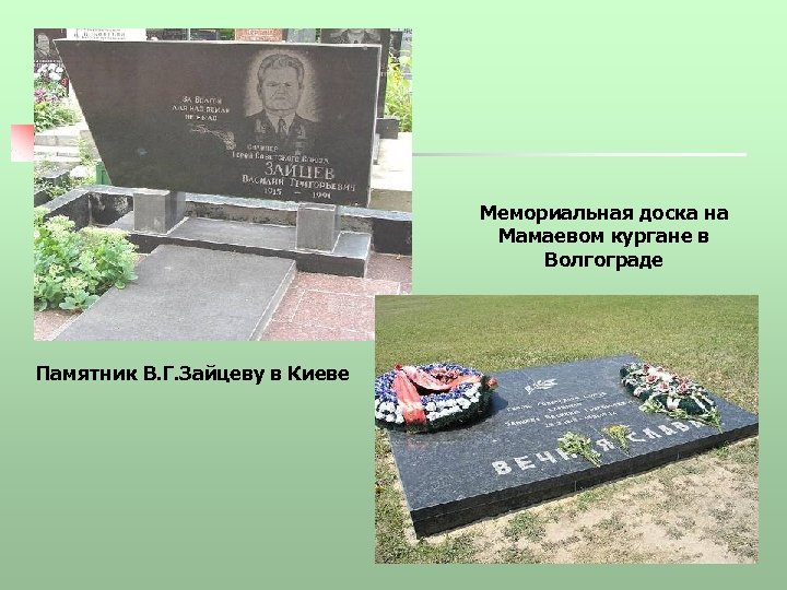 Мемориальная доска на Мамаевом кургане в Волгограде Памятник В. Г. Зайцеву в Киеве 