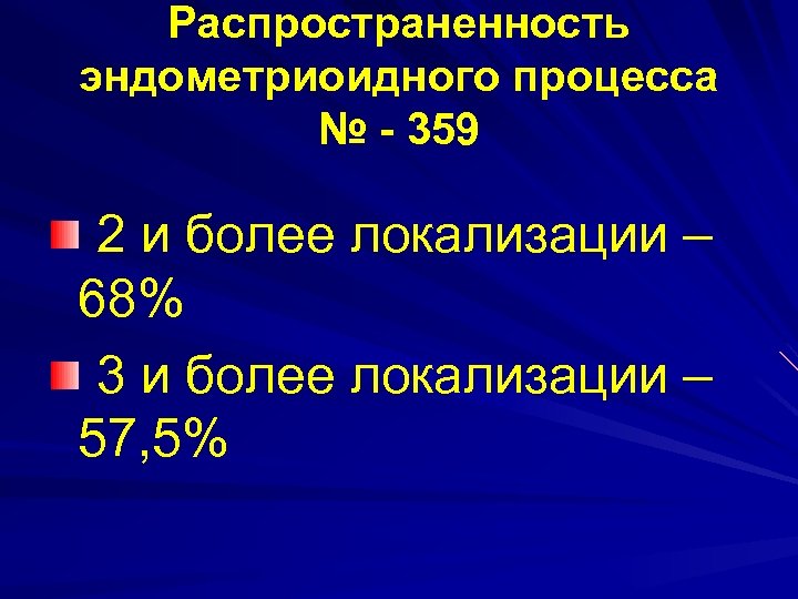 Распространенность эндометриоидного процесса № - 359 2 и более локализации – 68% 3 и