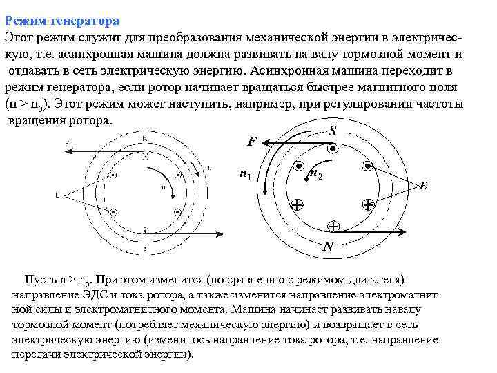Режим генератора Этот режим служит для преобразования механической энергии в электрическую, т. е. асинхронная