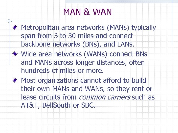 MAN & WAN Metropolitan area networks (MANs) typically span from 3 to 30 miles