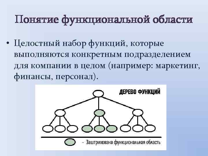 Понятие функциональной области • Целостный набор функций, которые выполняются конкретным подразделением для компании в