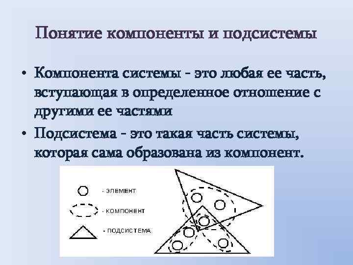 Понятие компоненты и подсистемы • Компонента системы - это любая ее часть, вступающая в