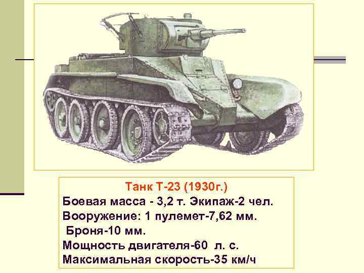 Танк Т 23 (1930 г. ) Боевая масса 3, 2 т. Экипаж 2 чел.