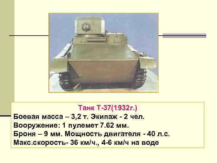 Танк Т 37(1932 г. ) Боевая масса – 3, 2 т. Экипаж 2 чел.