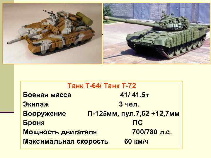 Танк Т 64/ Танк Т 72 Боевая масса 41/ 41, 5 т Экипаж 3