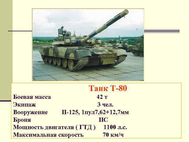 Танк Т-80 Боевая масса 42 т Экипаж 3 чел. Вооружение П-125, 1 пул 7,