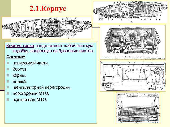 2. 1. Корпус танка представляет собой жесткую коробку, сваренную из броневых листов. Состоит: n