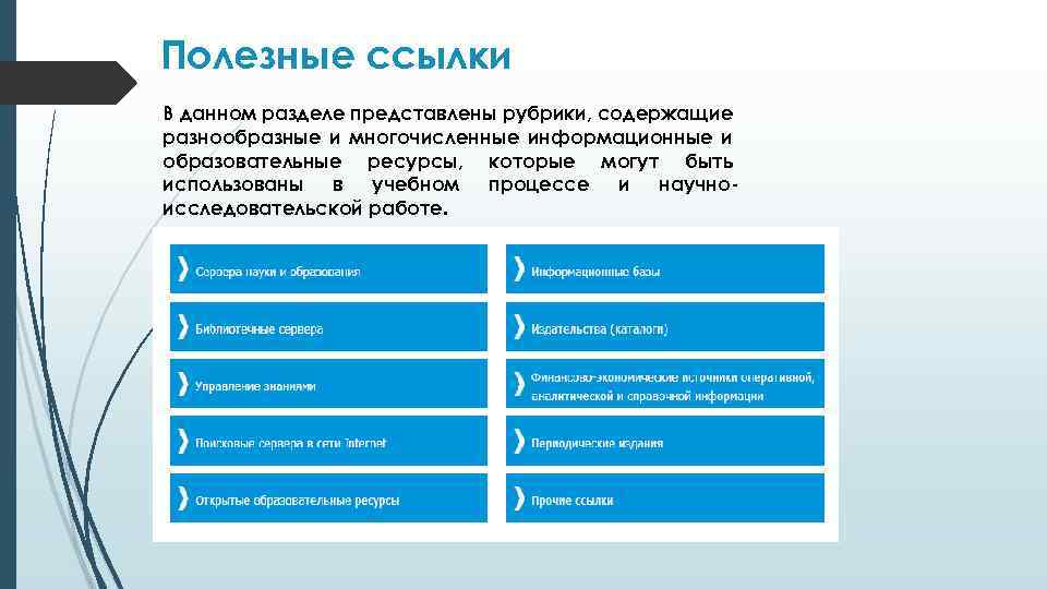 Полезные ссылки В данном разделе представлены рубрики, содержащие разнообразные и многочисленные информационные и образовательные