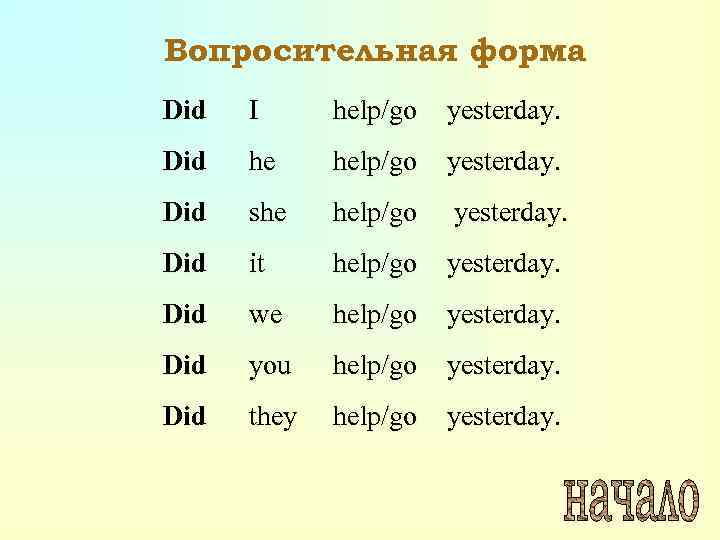 Вопросительная форма Did I help/go yesterday. Did he help/go yesterday. Did she help/go yesterday.