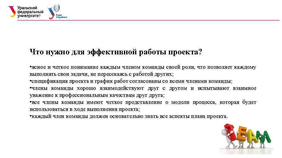 Что нужно для эффективной работы проекта? • ясное и четкое понимание каждым членом команды