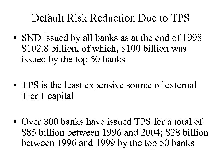 Default Risk Reduction Due to TPS • SND issued by all banks as at