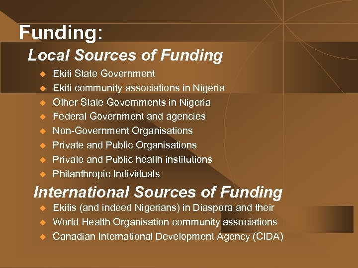 Funding: Local Sources of Funding u u u u Ekiti State Government Ekiti community