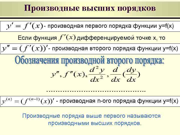 Производные высших порядков - производная первого порядка функции y=f(x) Если функция дифференцируемой точке x,