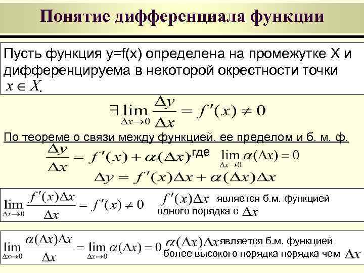 Понятие дифференциала функции Пусть функция y=f(x) определена на промежутке X и дифференцируема в некоторой