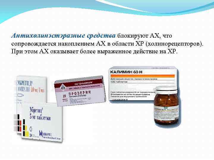 Антихолинэстэразные средства блокируют АХ, что сопровождается накоплением АХ в области ХР (холинорецепторов). При этом