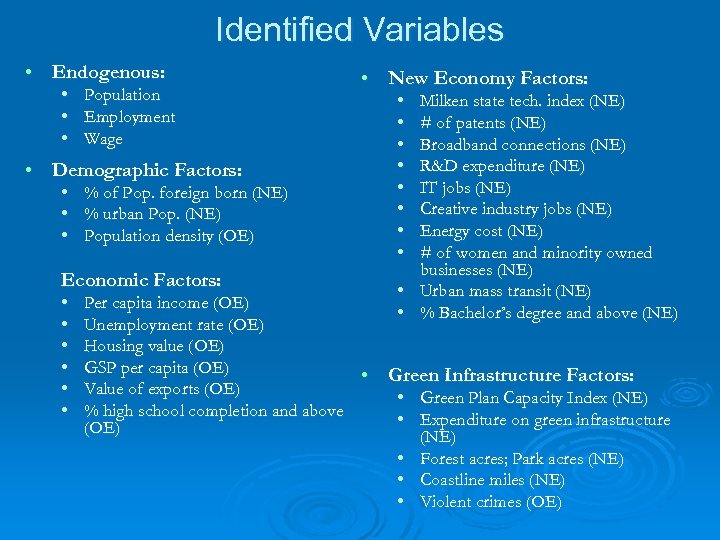 Identified Variables • Endogenous: • • • Population Employment Wage • New Economy Factors: